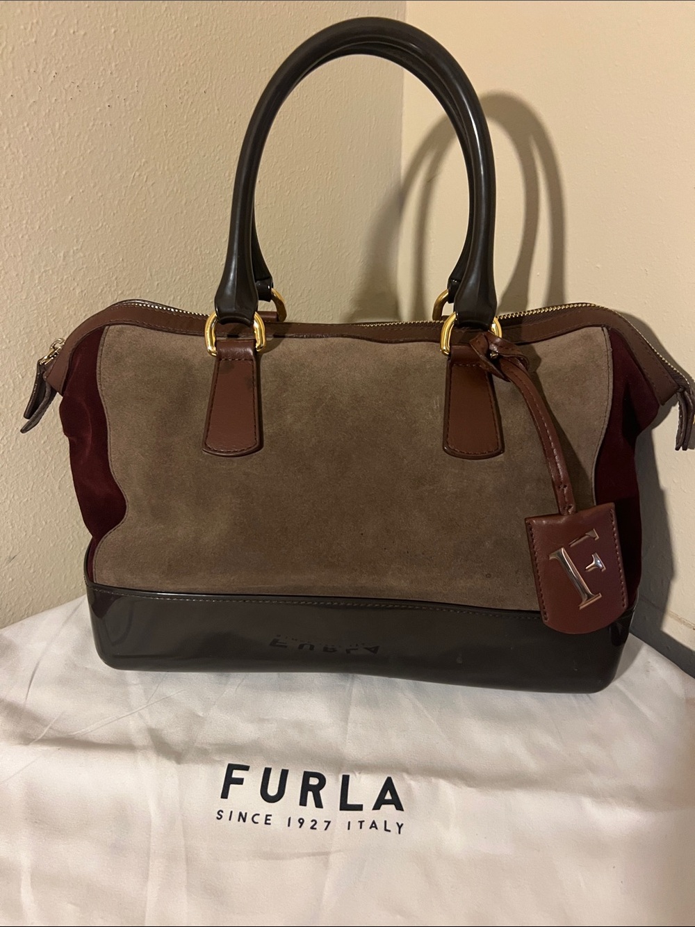 Furla Brown, Olive & Burgundy Suede Leather Satchel